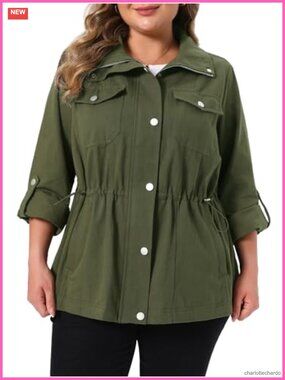 Plus Size Anorak Jacket Cotton Twill Lightweight Drawstring Waist Utility Coat